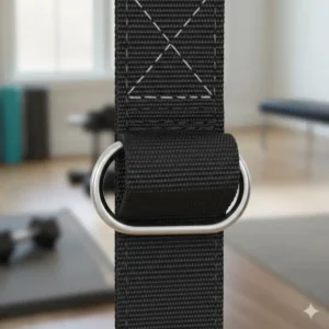 Close-up of the reinforced stitching and stainless steel D-rings on the multi position door anchor for resistance bands.