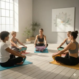 A group of people in a studio using personalized resistance bands for yoga and stretching exercises.