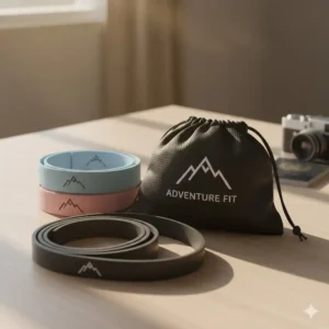 Travel-friendly personalized exercise bands placed next to a custom carrying pouch.