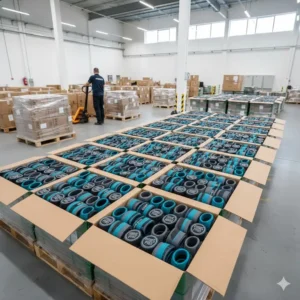 Large boxes and rows of custom resistance bands with logo in a warehouse for wholesale distribution.