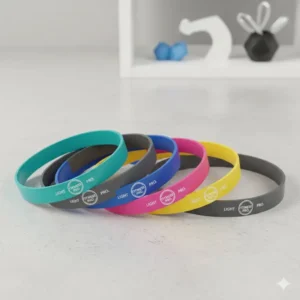 Multiple vibrant color options for custom resistance bands with logo placed on a clean surface.