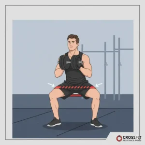 A fitness illustration of a goblet squat exercise being performed with crossfit resistance bands for lower body activation.