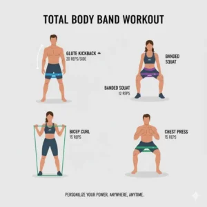 An instructional diagram showing a total body workout using personalized exercise bands.