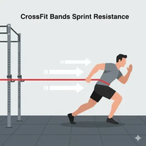 An athlete performing resisted sprints with crossfit bands anchored to a rig for power training.