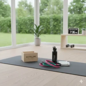 A modern home gym setup including a yoga mat and a set of custom exercise bands.