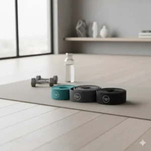 An aesthetic home gym environment featuring custom resistance bands with logo on a yoga mat.