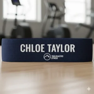 Detailed view of a single band from a set of personalized resistance bands with a custom printed name.