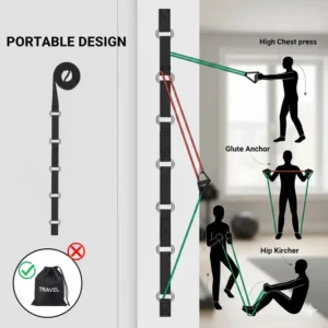 The compact and portable design of the multi position door anchor for resistance bands folded into a travel bag.
