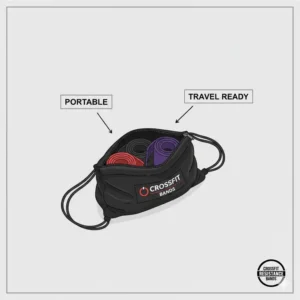 A compact carry bag showing how easy it is to store and transport a full set of crossfit resistance bands.