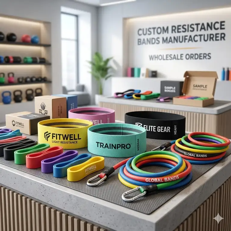 A professional showcase of various fitness products from a custom resistance bands manufacturer for wholesale clients.