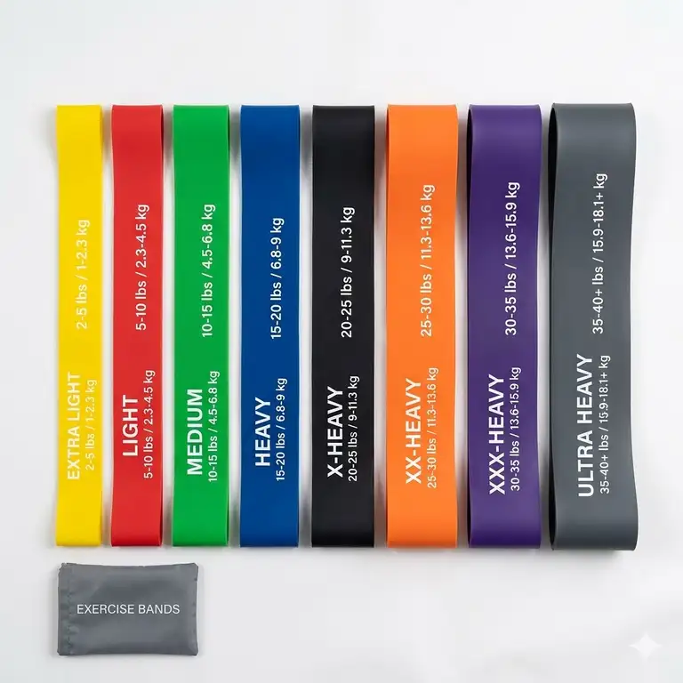 A comprehensive guide to understanding and choosing exercise band resistance levels, featuring a full set of color-coded bands.