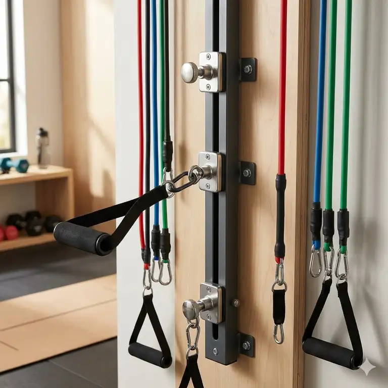 A professional wall-mounted resistance band station installed in a modern home gym with various bands.