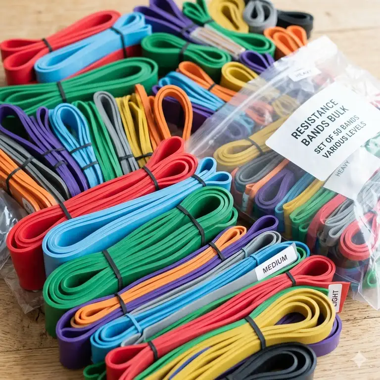 A professional display of premium fitness equipment for a resistance bands bulk buy wholesale order.