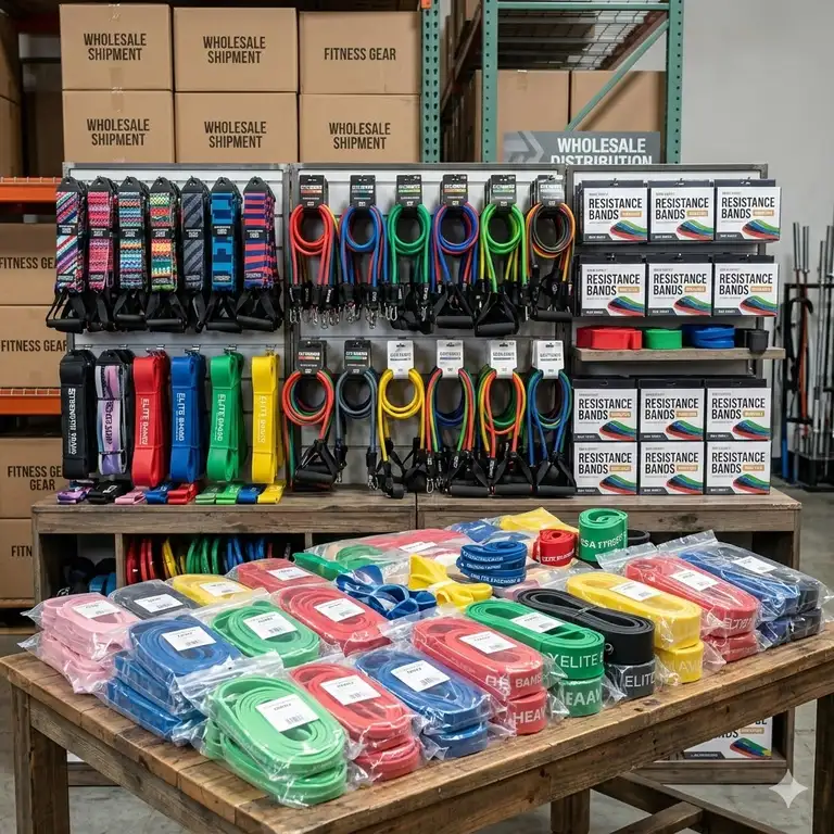 A wide selection of professional fitness equipment including various resistance bands wholesale for gym suppliers.