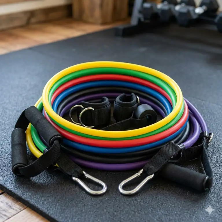 A professional set of multi-colored rubber resistance tubing with handles and anchors for a full-body workout.