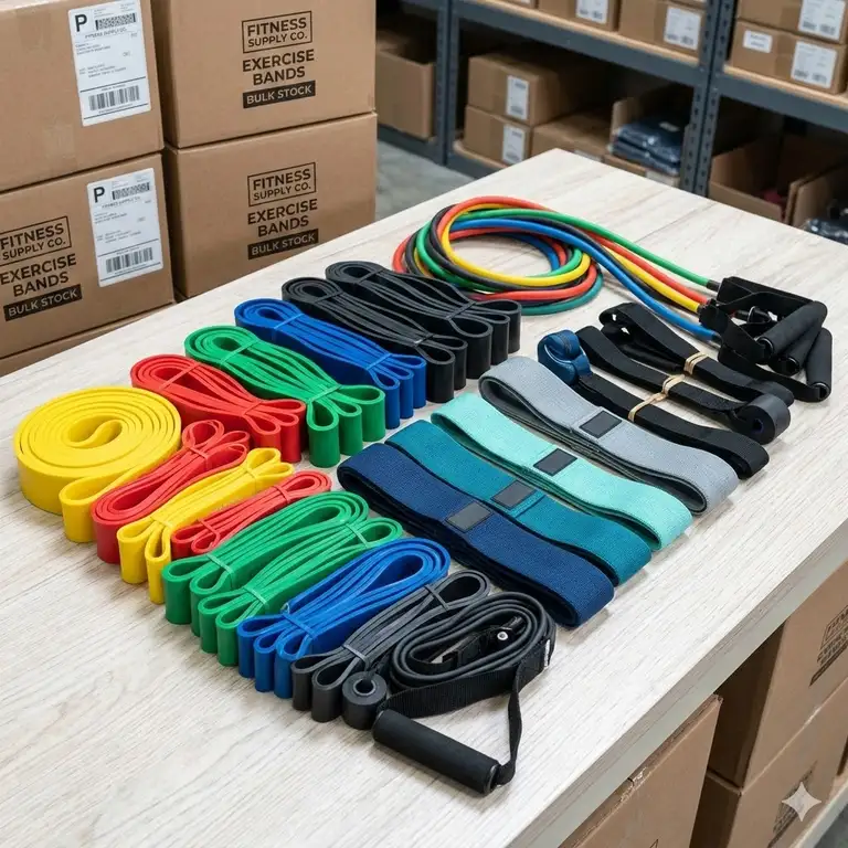 A large variety of wholesale exercise bands displayed in a warehouse setting for bulk fitness equipment supply.