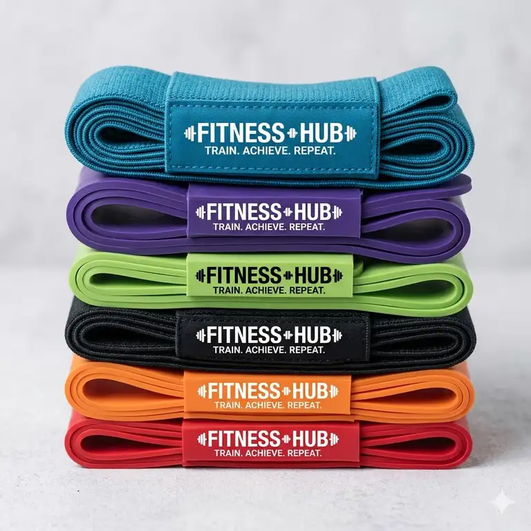 High-quality stack of various colored wholesale resistance bands with logo displayed in a professional studio setting
