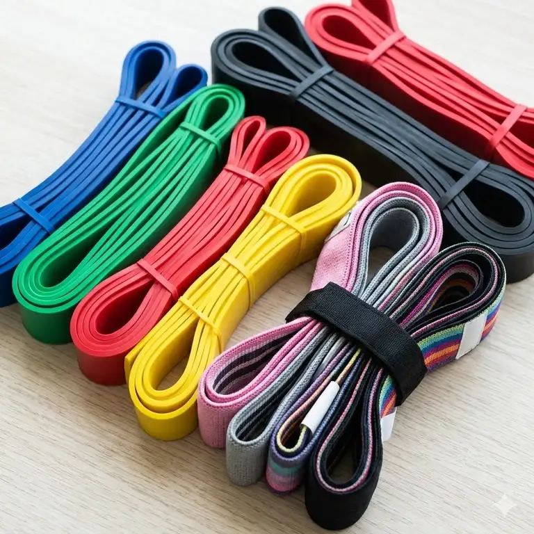 A professional display of various wholesale fitness bands including latex loops and fabric resistance bands for bulk buyers.