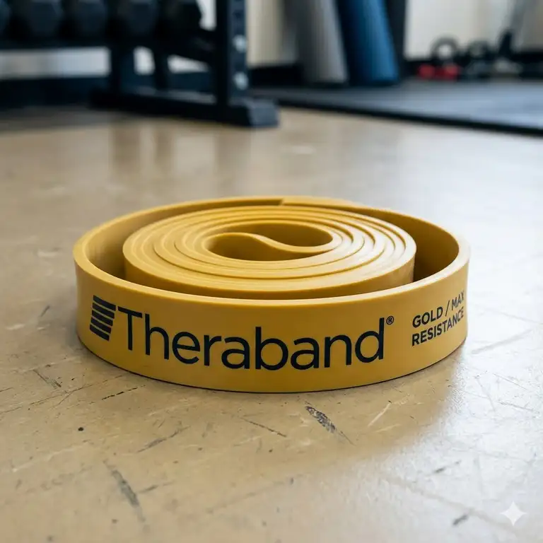 A high-resolution shot of a Theraband Gold heavy-duty resistance band coiled on a gym floor, highlighting its professional-grade thickness.theraband gold bands