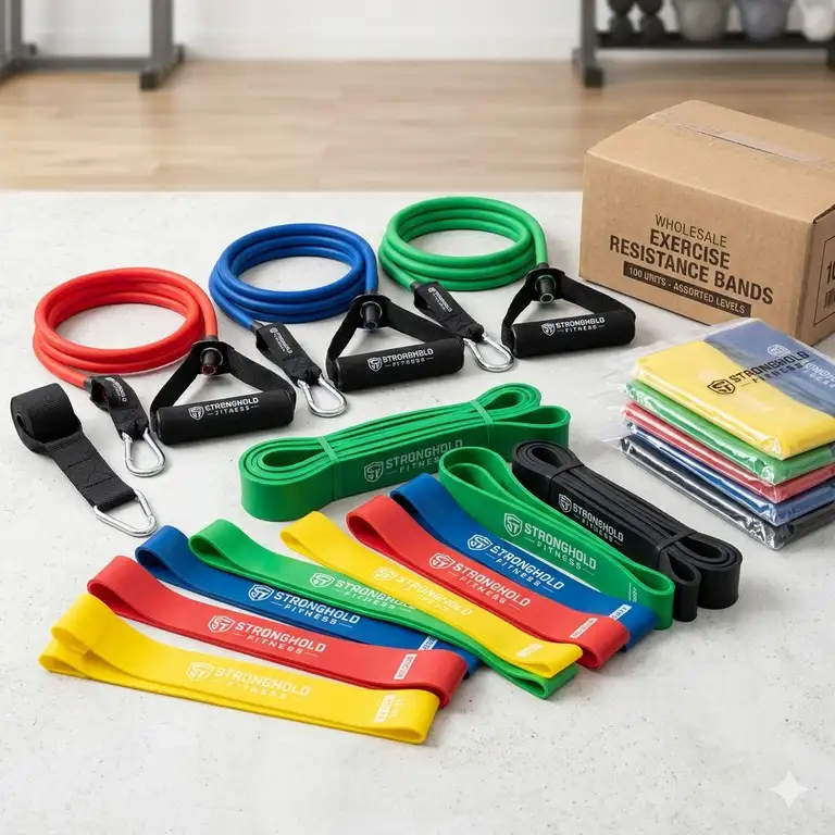 A professional hero shot showcasing a diverse collection of wholesale exercise resistance bands for bulk purchase.