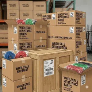 Stacked shipping boxes in a warehouse ready for resistance bands wholesale orders and bulk delivery.