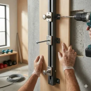 Step-by-step process of installing a vertical resistance band station onto a wall using a power drill.