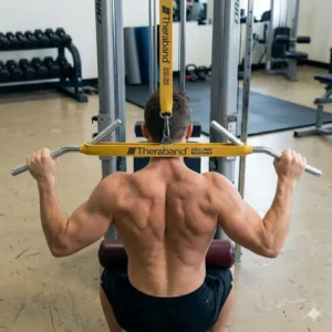 An athlete performing a controlled seated lat pulldown exercise in a gym, with the taut Theraband Gold resistance band clearly visible under tension.