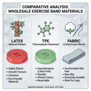 A comparative analysis of materials used in manufacturing wholesale exercise bands including latex and fabric options.