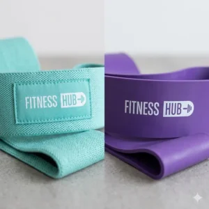 Close-up comparison between fabric and latex wholesale resistance bands with logo for gym suppliers.