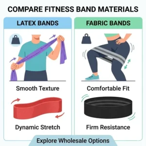 Detailed comparison chart between different materials of wholesale fitness bands such as fabric and natural latex.