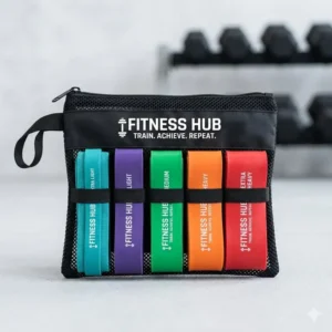 A full set of five wholesale resistance bands with logo inside a customized mesh carrying bag.