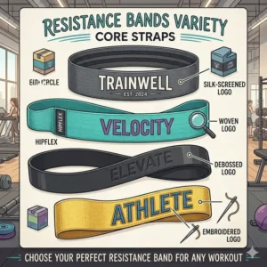 Demonstration of logo printing and embroidery options offered by a custom resistance bands manufacturer.