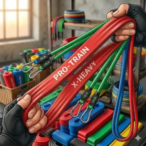 Multiple athletes using different strength bulk resistance bands in a professional training facility.