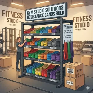 Professional gym storage racks organized with a recent resistance bands bulk buy for commercial use.