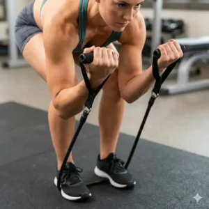 A person performing standing bicep curls using rubber resistance tubing to build upper body strength.