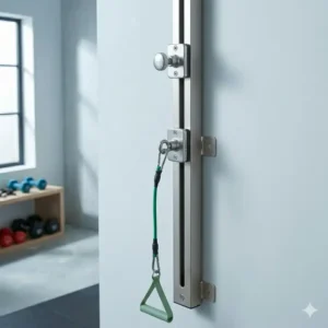 A sleek and compact resistance band station showing its space-saving design in a small workout area.