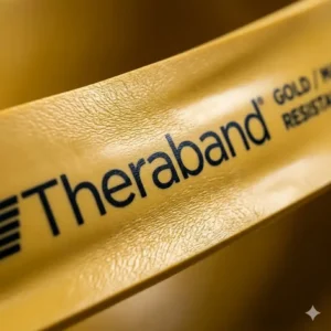A detailed close-up texture of the Theraband Gold latex material showing the authentic black branding and gold finish, identical to the product seen in other images.