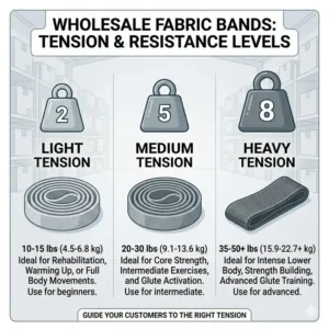 A detailed tension and resistance level guide for customers purchasing wholesale exercise bands in different colors.