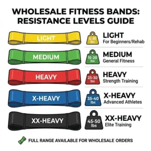 A guide showing the different resistance levels available for wholesale fitness bands from light to extra heavy.