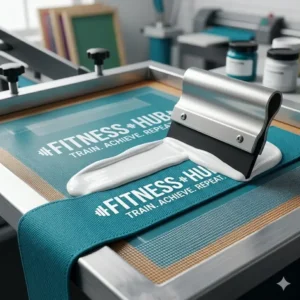 Detailed view of the screen printing station creating custom wholesale resistance bands with logo for private labeling.