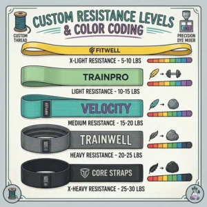 A chart of color-coded tension levels and weight ranges from a custom resistance bands manufacturer.