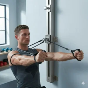 An athlete performing a chest press exercise using the middle anchor of a resistance band station.
