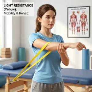 A person in physical therapy using a light-strength band, suitable for rehab due to its exercise band resistance levels.