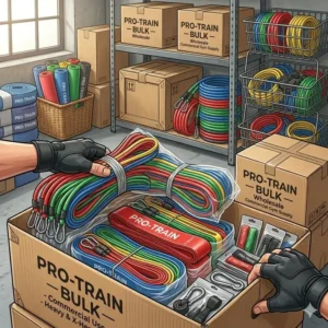 Neatly organized boxes of bulk resistance bands ready for shipping to fitness studios and retail distributors.