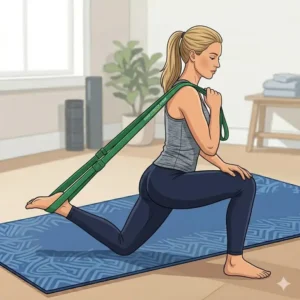 An illustration of a blonde woman in athletic wear kneeling on a patterned blue yoga mat in a living room, using a green theraband stretch strap to assist with a deep kneeling quadricep stretch.