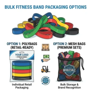 Various bulk packaging and custom branding options for wholesale fitness bands orders.
