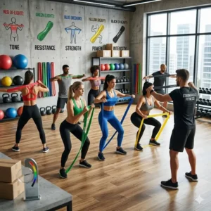 A group fitness class in a commercial gym utilizing premium wholesale exercise resistance bands.