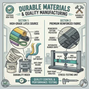 Detailed view of high-grade raw materials and durability testing at a custom resistance bands manufacturer facility.