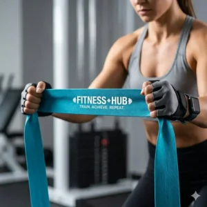 Professional athlete performing a workout using durable wholesale resistance bands with logo in a modern fitness center.