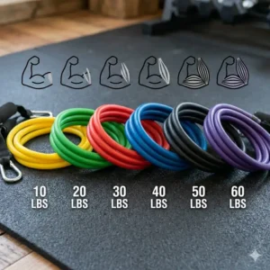 A variety of rubber resistance tubing organized by color to represent different tension and weight levels.